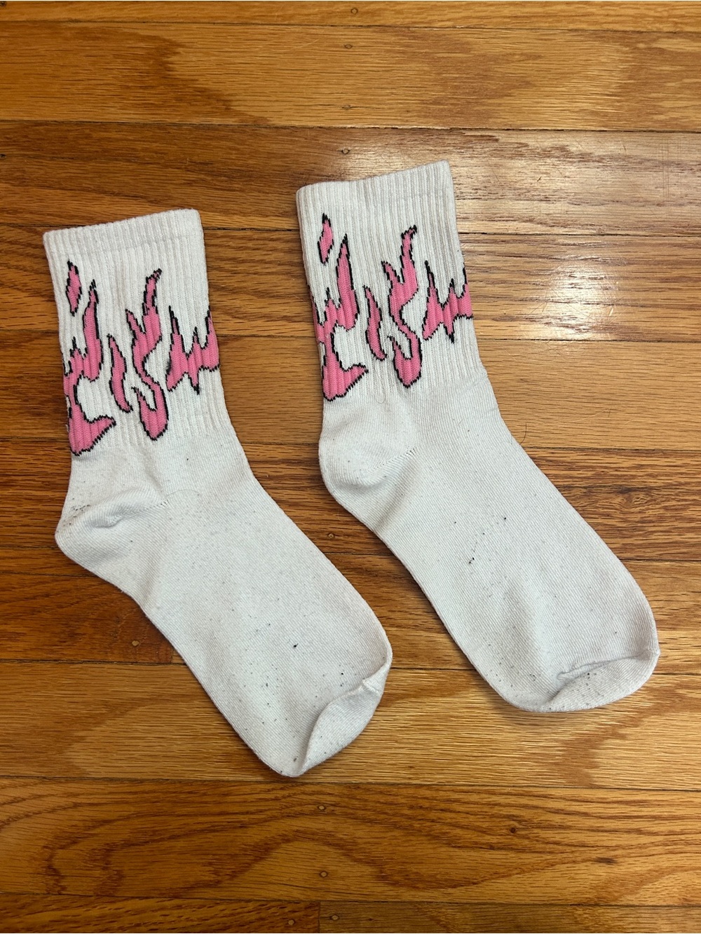 White Crew Socks with Pink Flame Design